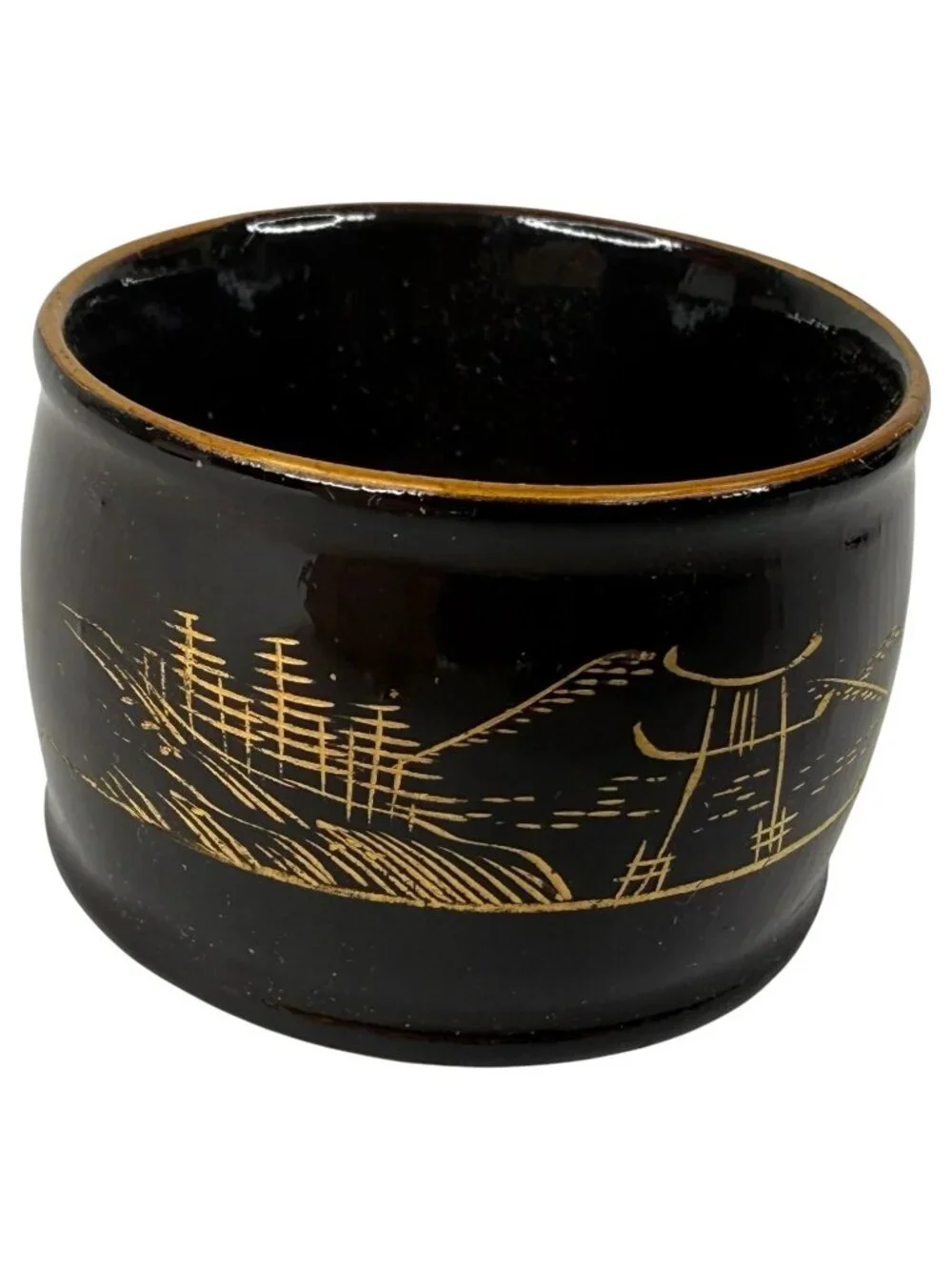 Vintage‎ Set 5 Japanese Lacquer Napkin Rings Black & Gold Hand Painted Landscape